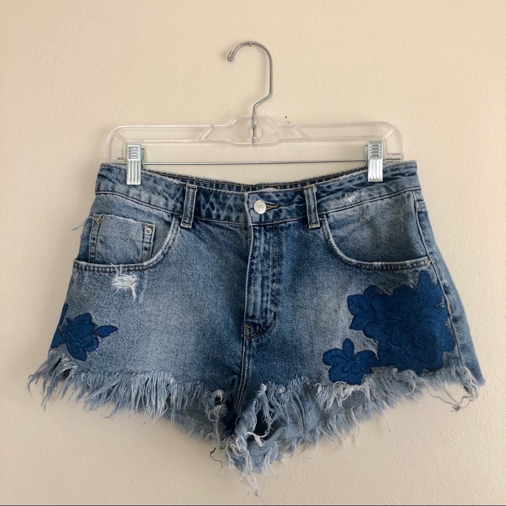 Zara Denim Embroidered Short Shorts